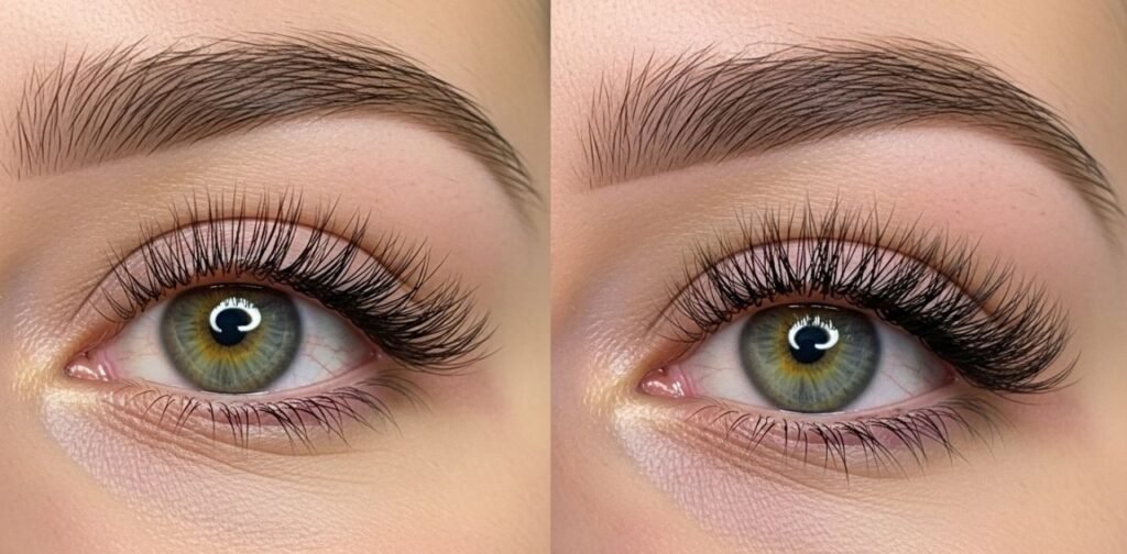 Side-by-side comparison of classic lash extensions and hybrid lash extensions on the same eye shape.