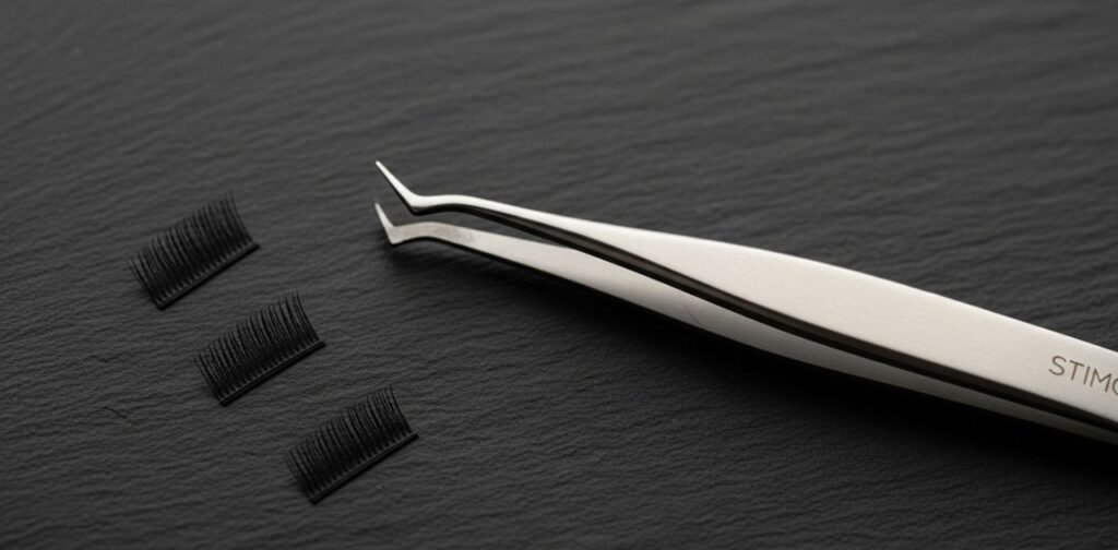 Close-up of professional stainless steel eyelash extension tweezers on a dark background.