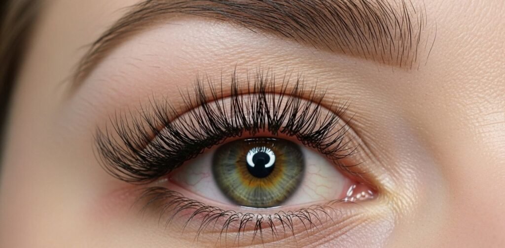 Close-up of a woman's eye with wispy, textured hybrid lash extensions, showing a mix of classic and volume techniques.