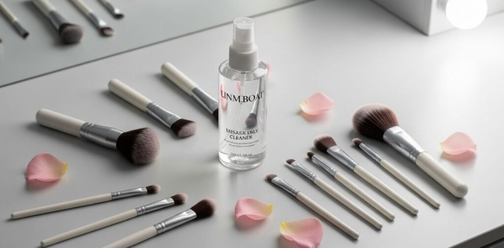 Makeup brush cleaner spray with beauty brushes