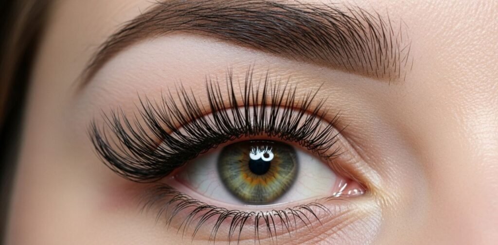 Close-up of a woman's eye with dramatic, spikey manga lash extensions creating an anime-inspired look.