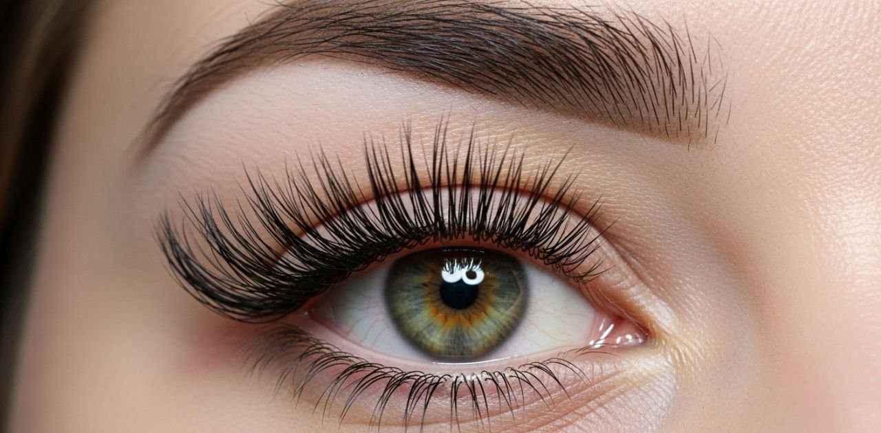 Close-up of a woman's eye with dramatic, spikey manga lash extensions creating an anime-inspired look.